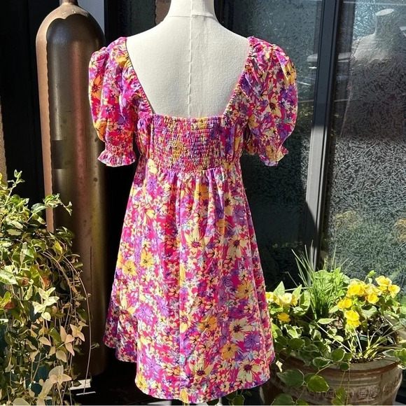 Cottagecore Pink Floral Print Puffed Sleeve Button Down Smocked Babydoll Dress S - Picture 8 of 15